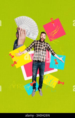 Trend template sketch design collage of young man fly professional business hiring hr worker hand hold banknote rich money earnings notes Stock Photo