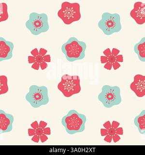 Flowers summer pattern with bright flowers doodle, hand-drawn stylized flowers pink and mint colors. For textiles, packaging, wallpaper, backdrops. Ve Stock Vector