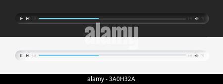 Minimized audio video player interface. Modern minimalistic neumorphic design. Light and dark version. Day and night mode. Vector audio application Stock Vector