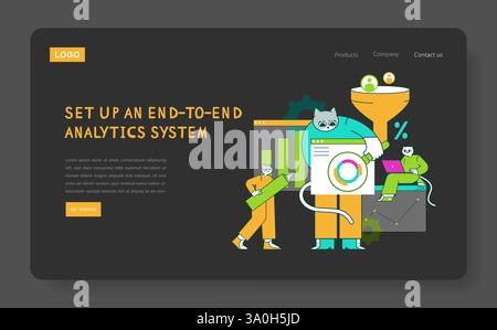Marketing Tools Cat illustration. This creative design features cats engaging in analytics, showcasing a fun approach to setting up an end-to-end analytics system. Ideal for tech and marketing themes. Vector illustration. Stock Vector