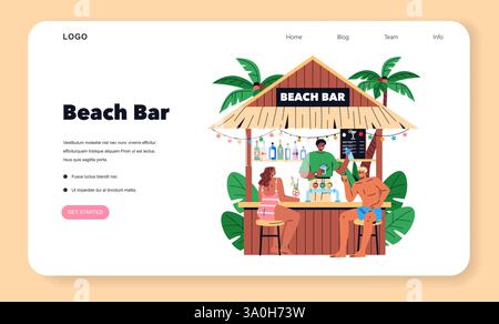 Beach Bar concept. A lively beach bar scene where patrons enjoy refreshments under palm trees. Friends socialize while a bartender serves drinks, creating a festive atmosphere. Vector illustration. Stock Vector