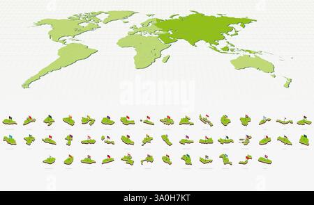 Asian Maps and Flags in Isometric Style. Isometric Maps Collection. Stock Vector