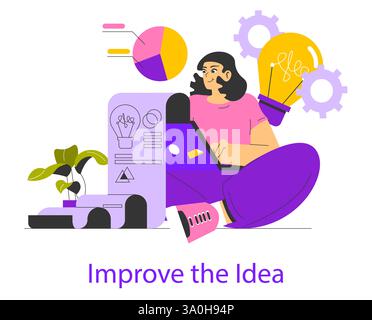 Idea realization process in a creative workspace. A person engages with technology and charts while brainstorming innovative concepts. Collaboration sparks inspiration for improvement. Vector illustration. Stock Vector