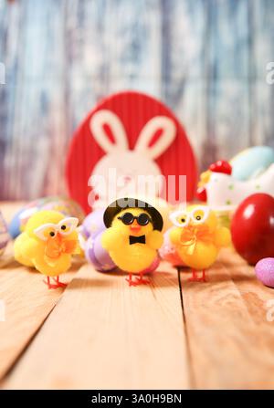 Easter decoration. small yellow chicks with glasses Stock Photo