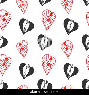 Black and Red. Heart drawing, stylized contour hand-drawn hearts on white background. Vector illustration Stock Vector