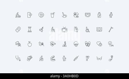 Caregiver for patient with Alzheimer, wheelchair thin black outline symbols vector illustration. Elderly care, retirement and hospital therapy, living with hobby and interests line icon set Stock Vector