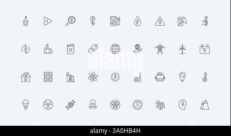 Wind turbine and solar panel, oil and gas, battery, sustainable plant thin black outline symbols vector illustration. Electricity production, types of alternative energy sources line icon set Stock Vector