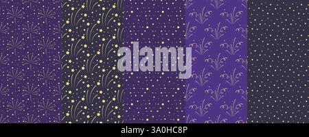 Set of seamless patterns with fireworks, stars and confetti. Festive night background with solute bursts. Print for textile, paper, packaging, design Stock Vector