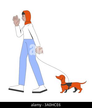 Muslim hijab woman walking dachshund dog on leash 2D cartoon character Stock Vector