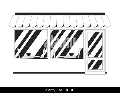 Cozy cafe exterior with large windows and awning 2D line object Stock Vector