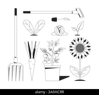Gardening tools, vegetables and plants 2D line object Stock Vector