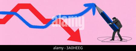 Businessman lifting oversized blue pencil, drawing blue upward curve over red declining trend. Market recovery. Stock Photo