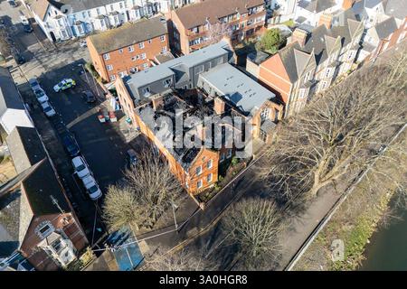 Cardiff, Wales, UK 4th March 2025, Cardiff, UK. Drone Footage showing aftermath of Cardiff City Centre Building Fire near Principality Stadium Credit: Shaun Ashford/Alamy Live News Stock Photo