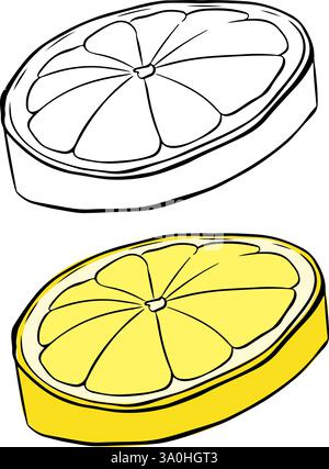 Fresh lemon slice graphic line ink illustration. Vector fruits icon set isolated on white background. Stock Vector