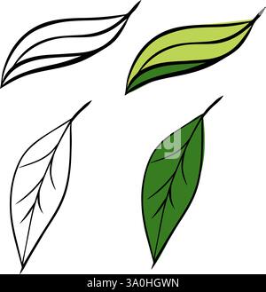 green leaves graphic line ink illustration set. vector set of elements isolated on transparent background ideal for nature-themed designs and eco-frie Stock Vector