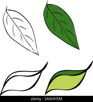 Lemon green leaf graphic line ink illustration set. vector set of elements isolated on transparent background Stock Vector