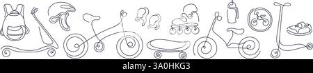 One continuous single line of kids sport. Doodle sketch of bicycle, roller, backpack and skateboard. Vector minimal sketch illustration. Fun childhood Stock Vector