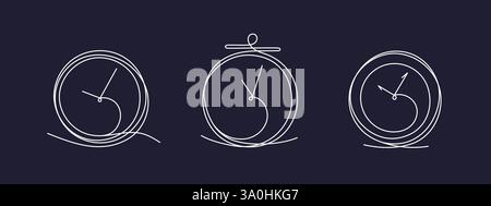 Clock drawn collection. One line continuous symbol. Chronometer outline sketch. Theme of time, deadline, morning, time to work. Save your time design. Stock Vector