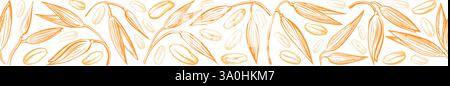 Oat spike, seed seamless border. Vector hand drawn texture pattern. Wheat, golden spelt details sketch. Agriculture farm harvest. Graphic vintage wall Stock Vector