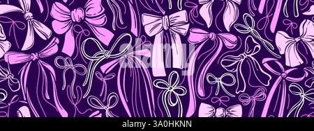 Bow seamless pattern. Rose ribbons, silk pink bows for girl. Vector sketch hair braiding accessory. Present knots and wrap pack. Vintage background fo Stock Vector