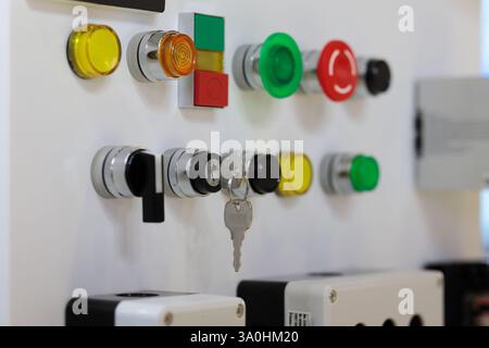 Industrial control board with switches and buttons. Selective focus. Stock Photo