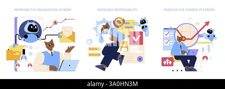 AI assistant enhances work efficiency by improving organization, increasing responsibility, and reducing errors in task management. Boost productivity with smart technology integration. Vector illustration. Stock Vector