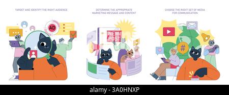 Marketing tools for effective audience engagement. Identify the target audience, craft suitable messages, and select the best communication media to enhance outreach and build relationships. Vector illustration. Stock Vector
