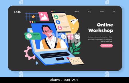 Online workshop illustration featuring a virtual classroom setting. Engaging content with visuals of a teacher and collaborative tools. Effective online learning and interaction methods. Vector illustration. Stock Vector