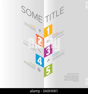This is a colorful infographic featuring five numbered sections with icons and text. Each section is uniquely colored, showcasing information in a seq Stock Vector