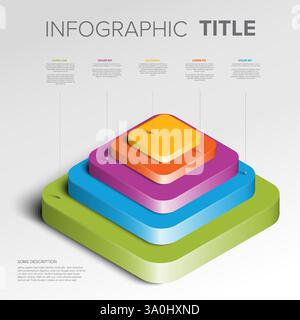 A 3D layered infographic with colorful overlapping rectangles in a pyramid structure. This design showcases hierarchical data using vibrant colors on Stock Vector