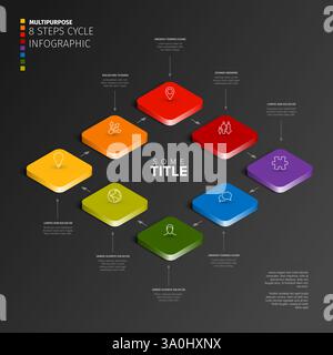 This image showcases a colorful 3D 8-step infographic with arrows and icons. The 3D infographic on dark background highlights 8 colorful steps connect Stock Vector