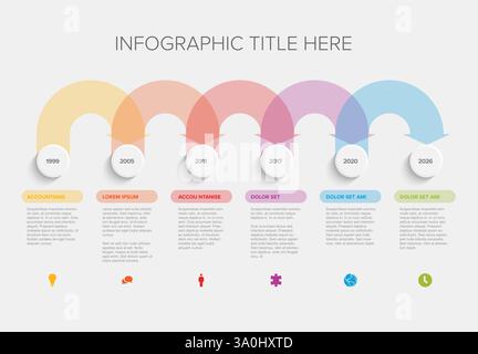A visually appealing timeline infographic with six milestones on the button time line, using colorful arcs and icons to represent different events and Stock Vector