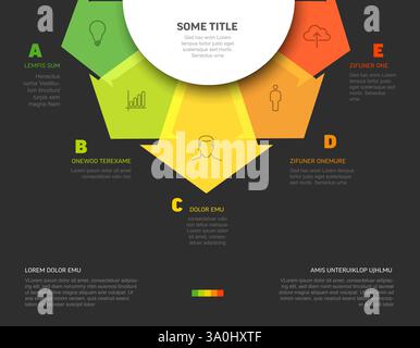 Colorful dark infographic features arrows pointing to icons and text areas, illustrating various sections. The design uses vibrant colors to visually Stock Vector