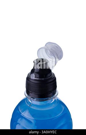 Neck of a plastic bottle with a drink on a white background Stock Photo