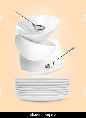 Clean dishware and silverware flying over stacked plates on beige background Stock Photo