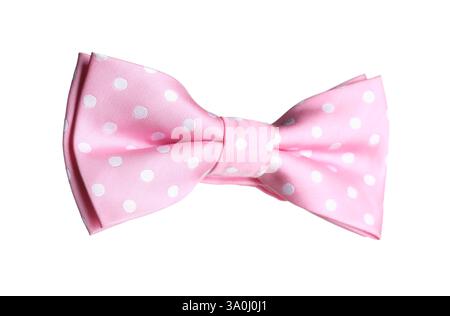 Stylish pink bow tie with polka dot pattern isolated on white Stock Photo