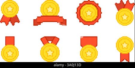 Gold Medal Pixelated Icon Set. Pixel Art Symbol Collection Of Award ...