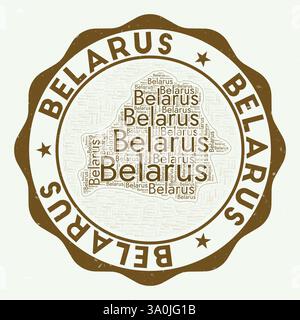 Belarus logo. Beautiful country badge with word cloud in shape of Belarus. Round emblem with country name. Astonishing vector illustration. Stock Vector