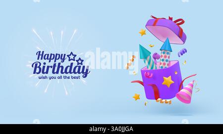 3D firework. Birthday card with firecracker rocket and open gift box. Anniversary present. Gold star and confetti. Holiday event sale banner. Special Stock Vector
