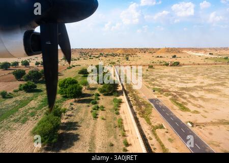 View of Thar desert from an aeroplane, Rajasthan, India. The propellers