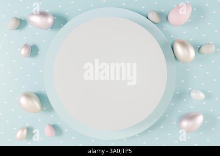 Easter themed flat lay with a blank circle surrounded by pastelcolored decorative eggs. 3d rendering Stock Photo