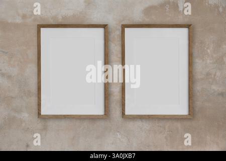 Set of two empty vertical wooden picture frame mockups on beige textured concrete shabby wall. Blank poster template in room. Wooden photo frame mock Stock Photo
