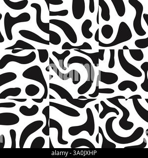 seamless vector pattern square patches with black abstract blobs organic shapes fabric textile. Vector illustration Stock Vector