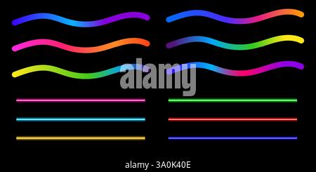 Set of wave Rainbow Color Gradient Lines. Squiggle Doodle Waves Celebration and Parties. Fun Curve Neon Graphic Shapes. Stock Vector