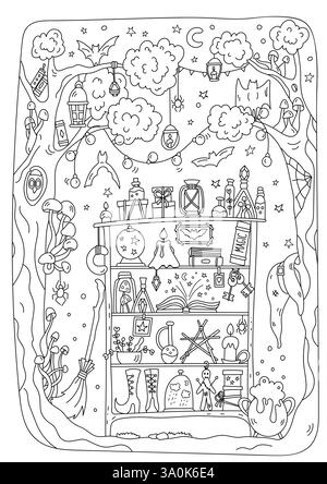 Magic-Themed Stress Relief Coloring Page Featuring A Witch's Corner In The Night Forest Stock Vector