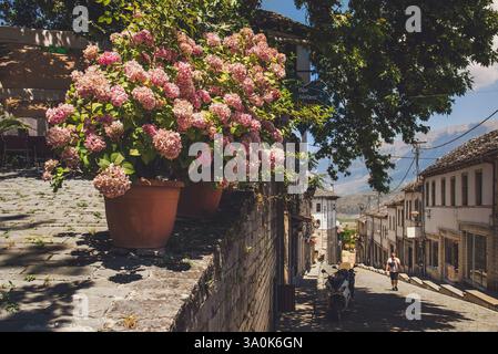 Old Street Scene in Historic Town Gjirokastra Stock Photo