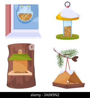 Winter bird feeders. Feeding bowl at window. Birdie house hanging on tree branches. Food for animals caring. Snowy roof. City birdwatching. Dispenser Stock Vector
