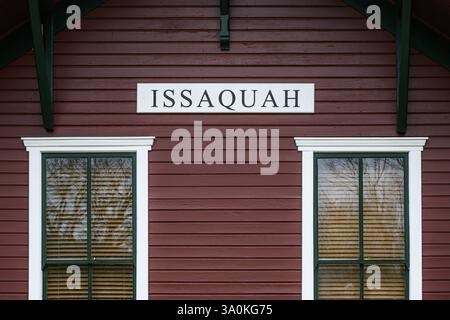 Issaquah, WA, USA - February 24, 2025; Destination place sign on historic railroad depot in Issaquah Stock Photo