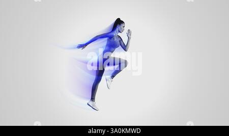 Sporty Woman Exercising Doing Elbow-To-Knee Crunch Standing On Blue Background Stock Photo