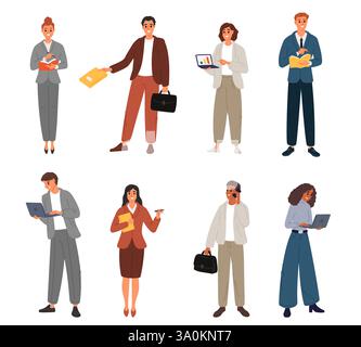 Business men and women. Office workers. Employees holding document folders, briefcases and laptops. Businessman clothing. Standing managers. Confident Stock Vector
